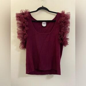 Arula Ruffle Shoulder It’s Giving‎ Sweater Top in Maroon - 0X